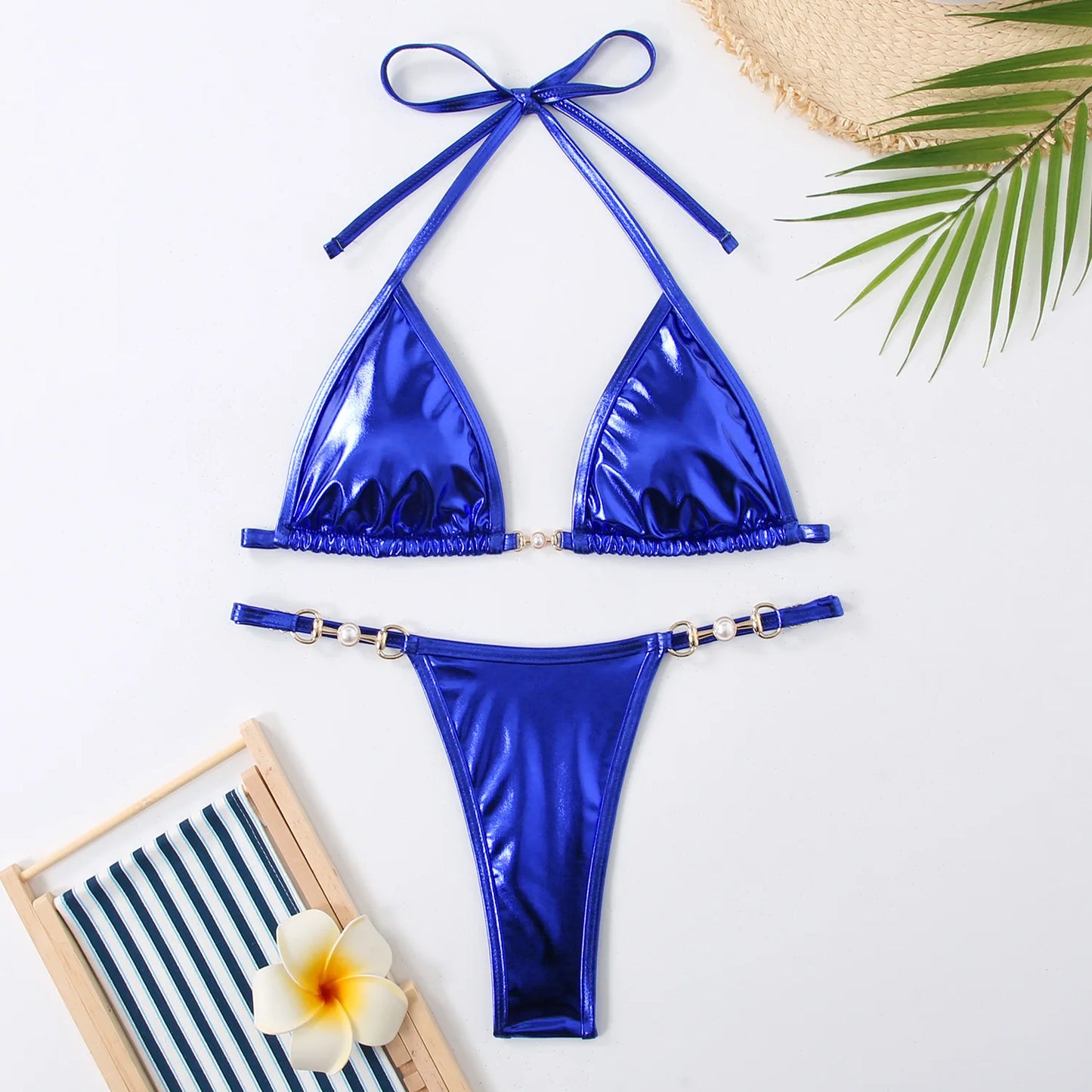 Metallic Halter Bikinis Set Lace Up Triangle Tie Side Swimsuit Pearl Patchwork Women Swimwear Micro Thong Bathing Suit