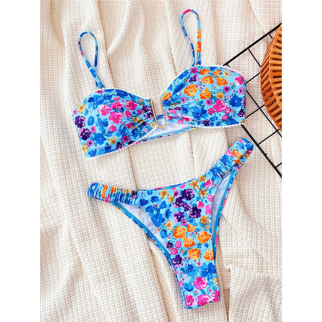 U Neck Flowers Printed Wrinkled Bikini Female Swimsuit Women Swimwear Two-pieces Bikini set Bather Bathing Suit Swim