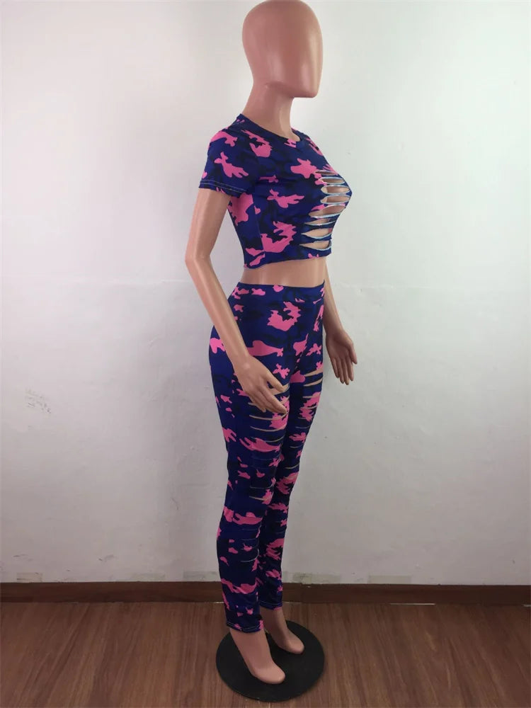 Wmstar Women Two Piece Set Summer Sport Fashion Casual Ripped Sweatshirt Sweat Camouflage Print Pant Sets Outfit Tracksuit