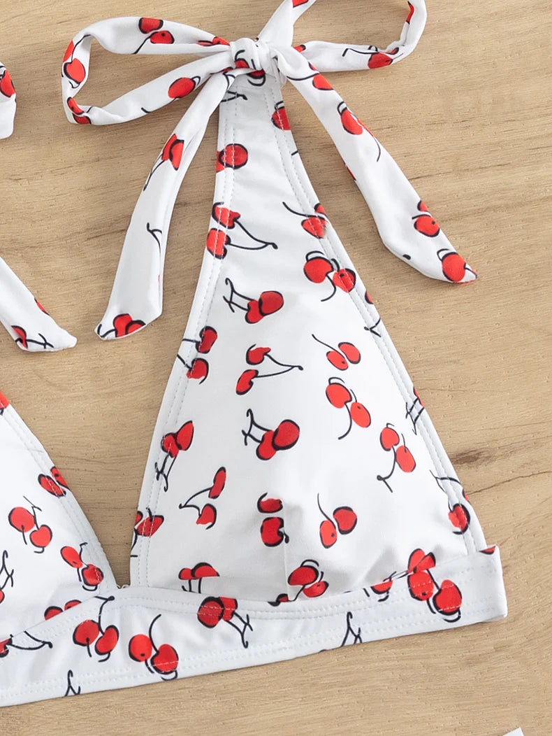 Black Cherry Print Bikini Set Women Tie Up Strap V Neck Push Up High Waist Swimsuit Cut Out Bathing Suit Two Piece Swimwear