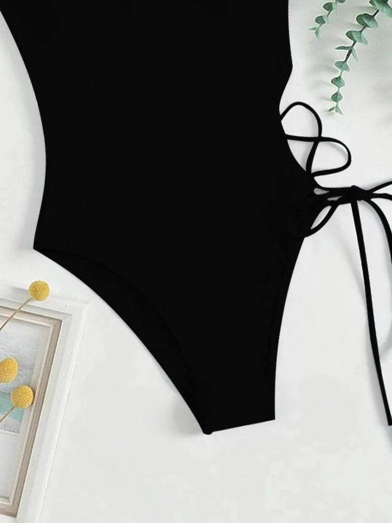 Solid High Cut Swimwear Women Backless Cross Hollow Tied One Piece Swimsuit Monokini Beach Bathing Suit