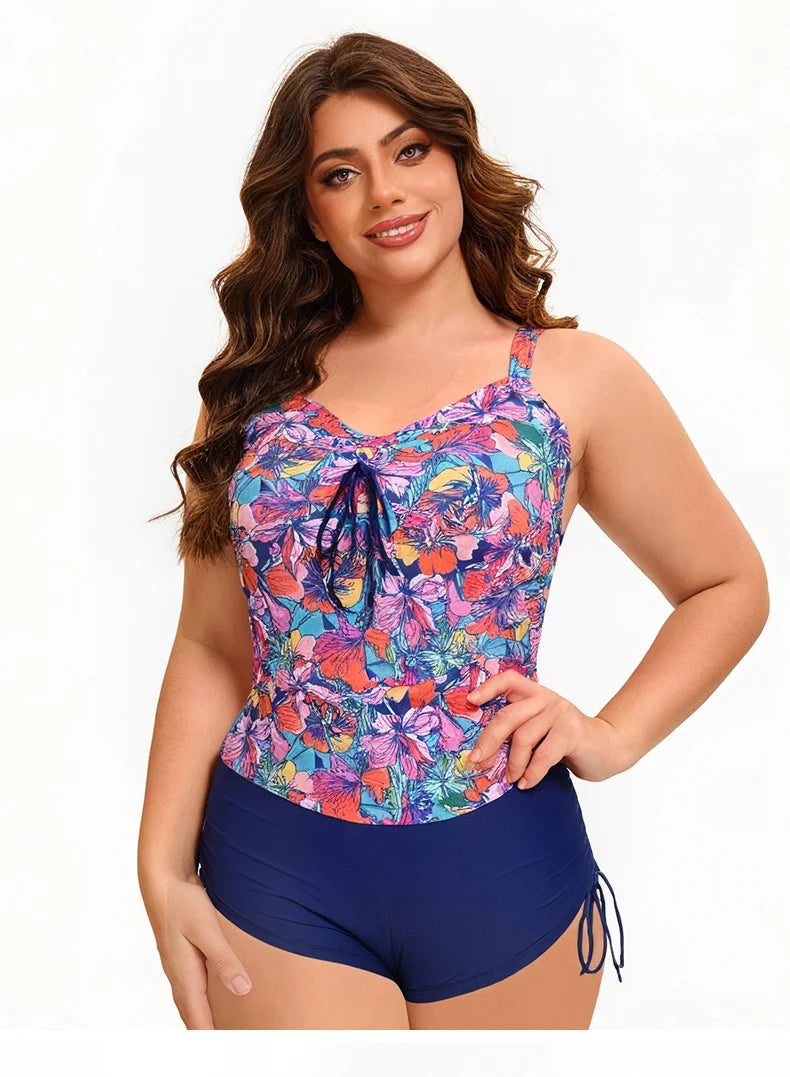 Women's Plus Size Printed Tankini Swimsuit - Crisscross Back Top + Tie-Side High-Waist Shorts, Flattering Swimwear for Beach