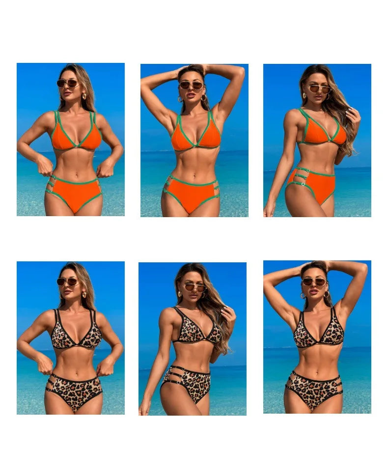 Women Bikini Two Piece Swimsuit Fashion V Neck High Waist Swimwear Female Beach Party Backless Bikini Sets