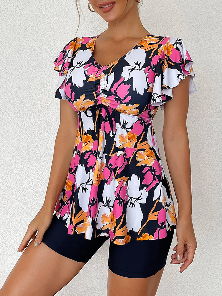 Printed Tankini Set Two Piece Swimsuit Women Tie Front Drawstring Swimwear Female Bathing Swimming Suit Beachwear Summer