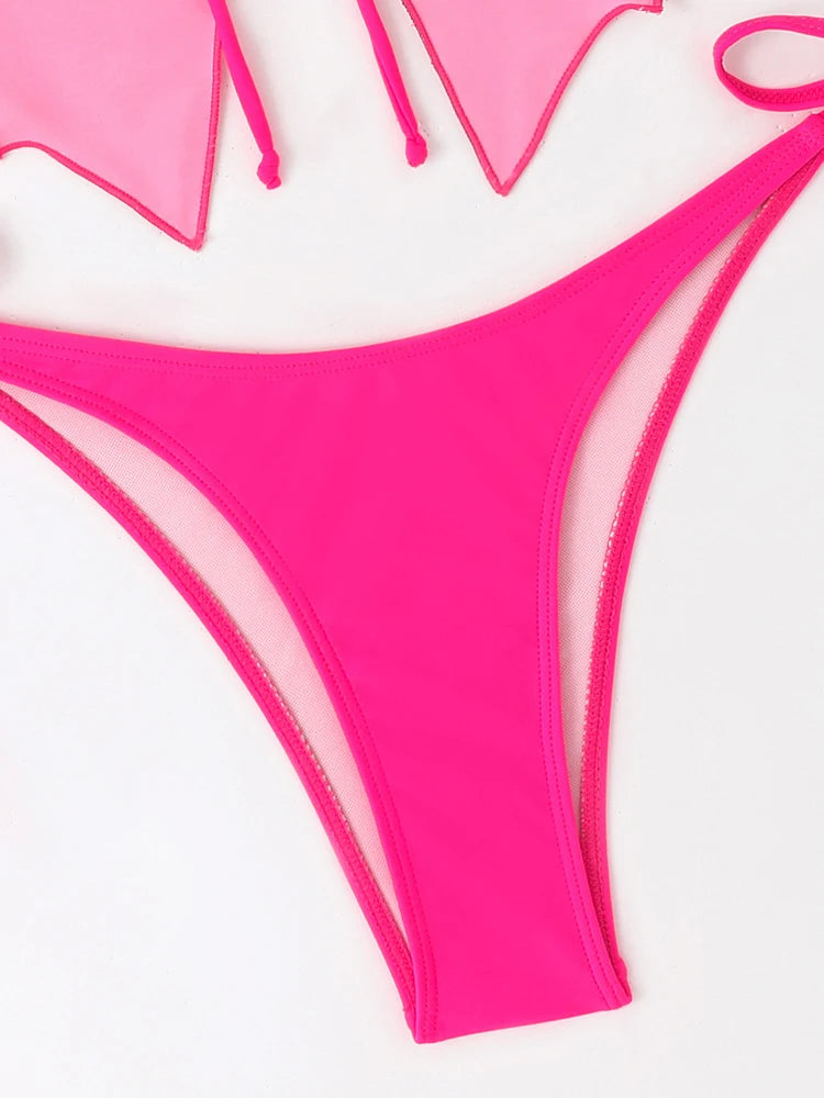 Butterfly Print Strapped Swimwear Women Tied High Cut Bikini Set Push Up Swimsuit Backless Summer Beach Bathing Suit Bathers