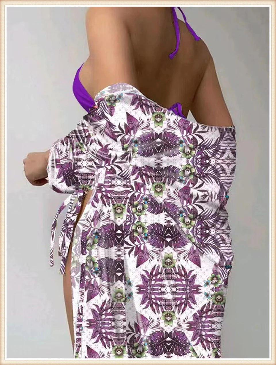 Lace Up Bikinis & Cover Up Long Sleeve Swimwear Women 3-Piece Print Swimsuit Summer Beach Bathing Suit Female Swimming Wear