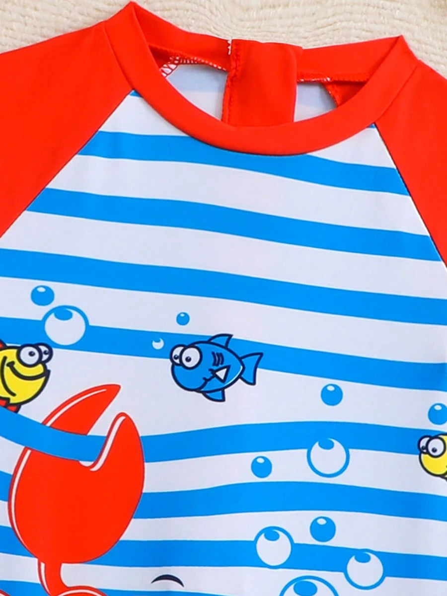 Striped Little Boys Swimsuit With Swimming Cap Printed Swimwear Female Children Bathers Bathing Swimming Swim Suit 4-7Y