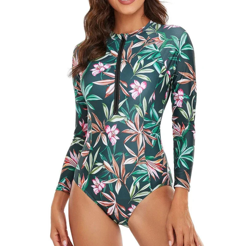 One-piece Swimsuit Women Long Sleeves Sunscreen Surf Wear Solid Color Stitching Zipper Conservative Summer Beach Swimwear