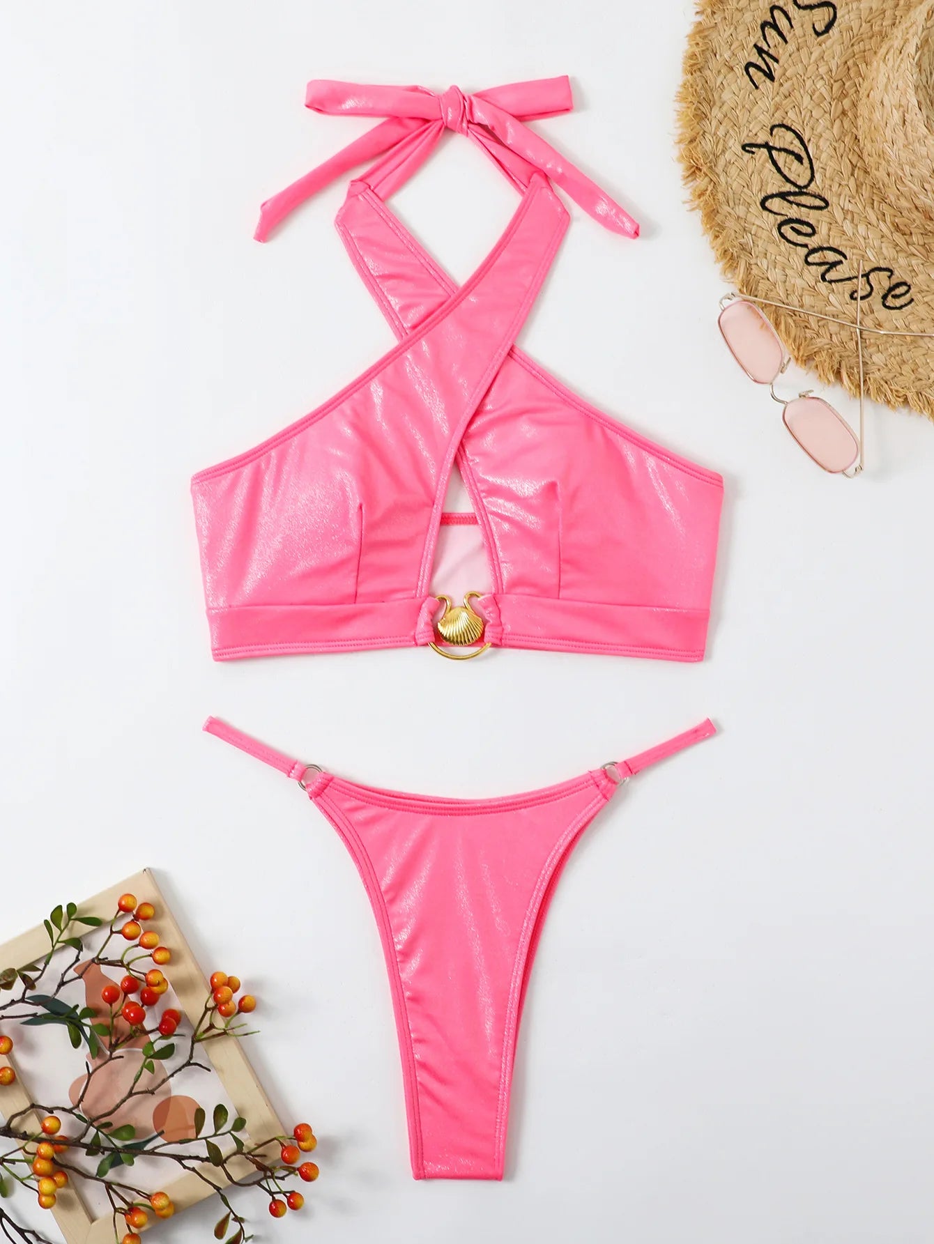 Solid Cross Halter Swimwear Women Hollow Push Up Bikini High Cut Thong Swimsuit Backless Beach Bathing Suit