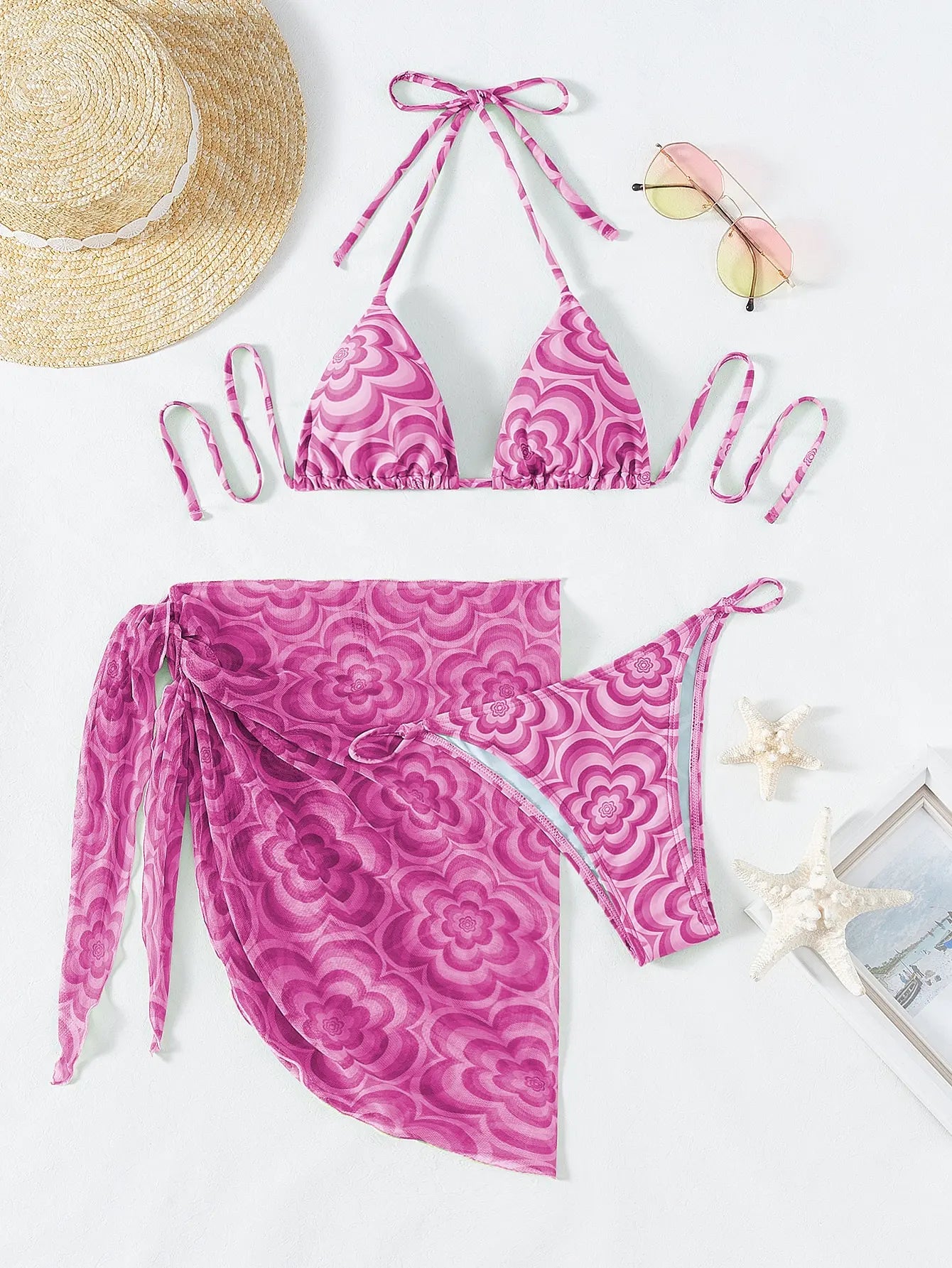 3 Pieces Floral Triangle Thong Bikini Women & Beach Skirt Swimwear Female Swimsuit Beachwear Bathing Swimming Suit