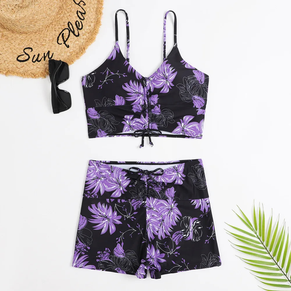 High Waist Bikini Swimsuit Women Floral Print Swim Suits Drawstring Front Shorts Boxers Swimwear Trunks Pool Bathing Suit