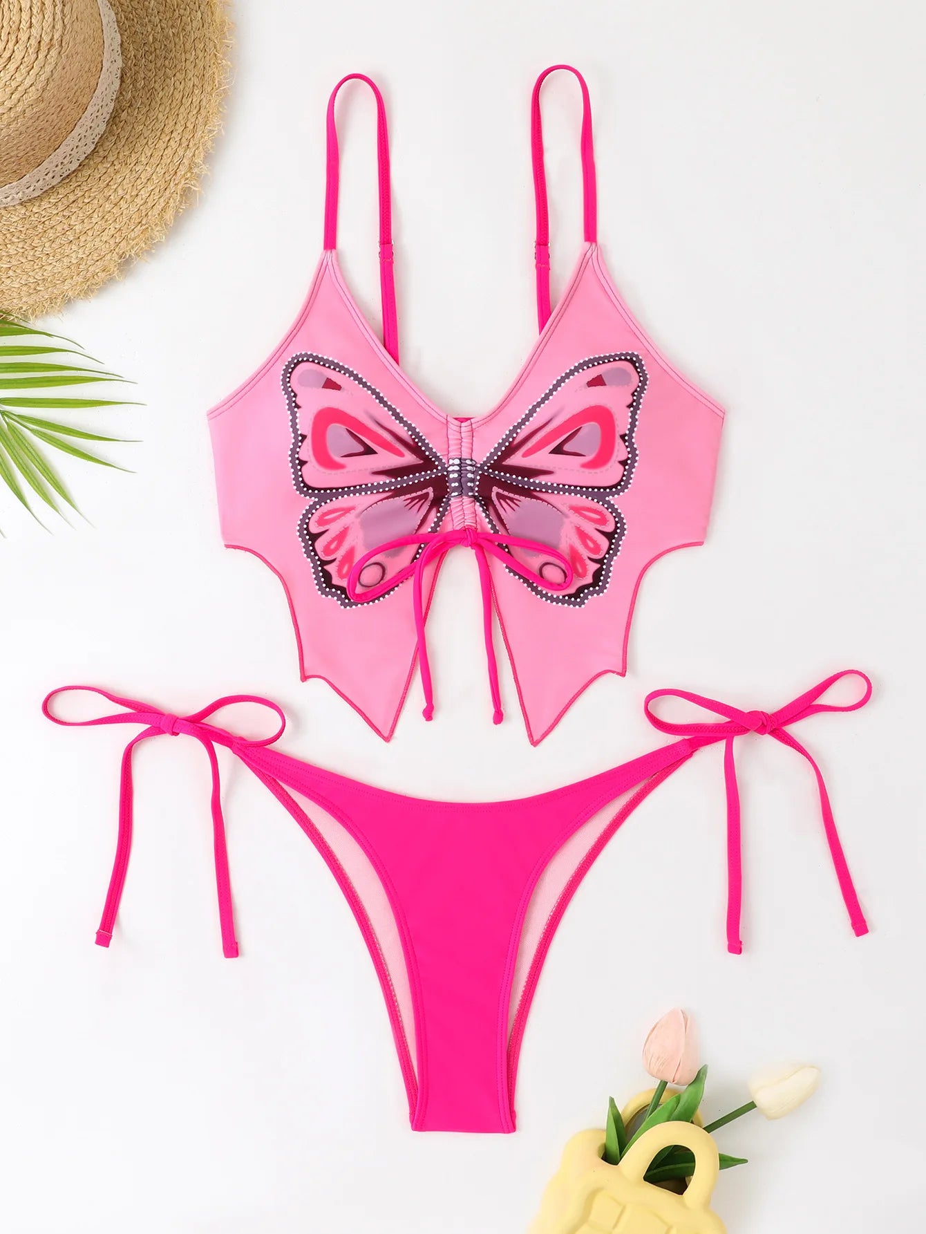 Butterfly Print Strapped Swimwear Women Tied High Cut Bikini Set Push Up Swimsuit Backless Summer Beach Bathing Suit Bathers