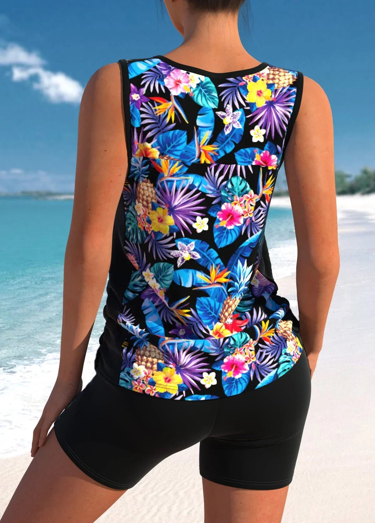 Women's Bright Flower Print Two-piece Tankini Fashionable Beach Swimsuit S-6XL