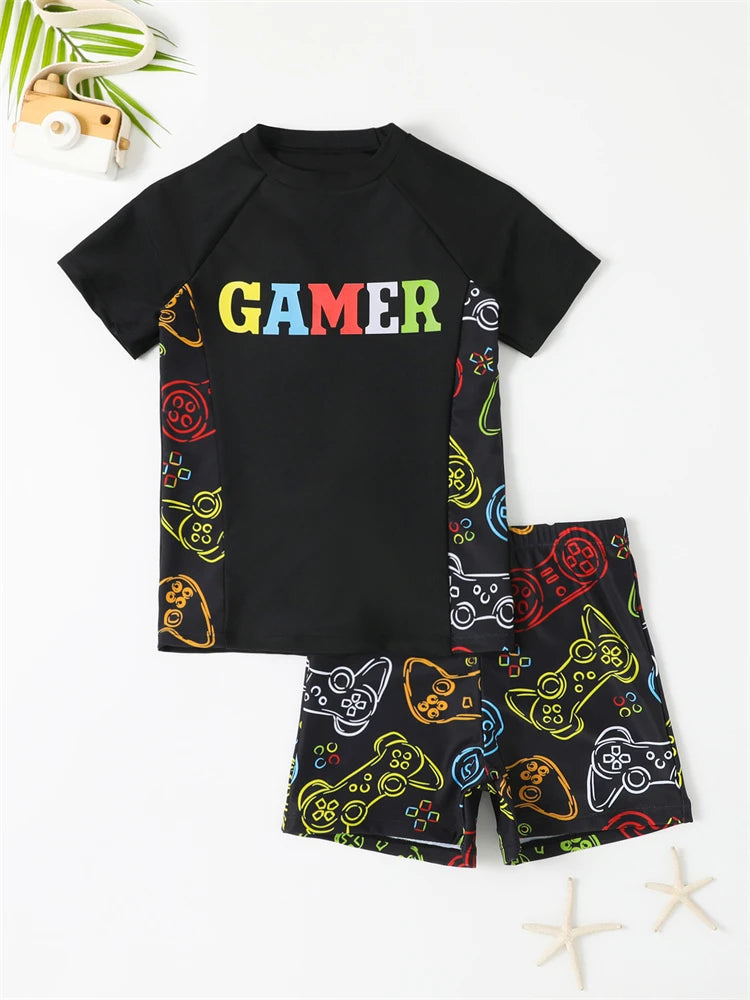 Boy Swimsuit Graffiti Print Short Sleeve Children Swimwear Summer Two Piece Kids Beach Wear Swimming Bathing Suit Boys