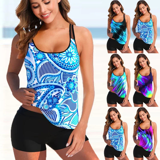 Neon Bright Colour Blues Teardrop Halter Women's Tankini Swimsuit Two Piece Bikini Set Beachwear S-5XL