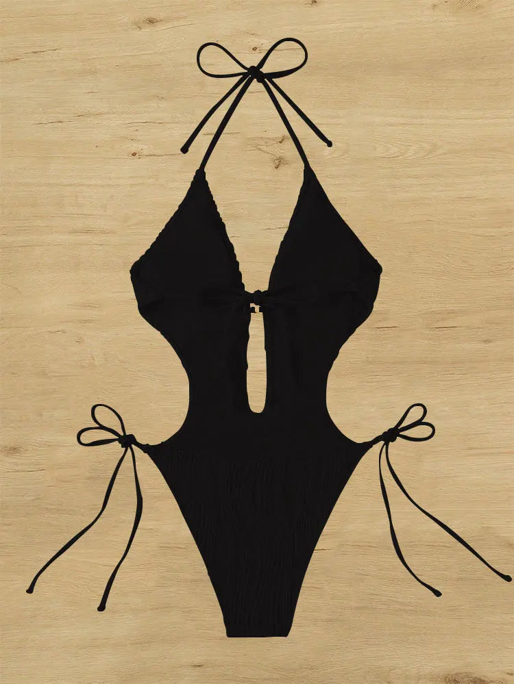 Cikini-Cut Out Tie Side Halter Swimsuit for Women, Monochromatic, Beach Swimwear, Bathing Suit, Summer