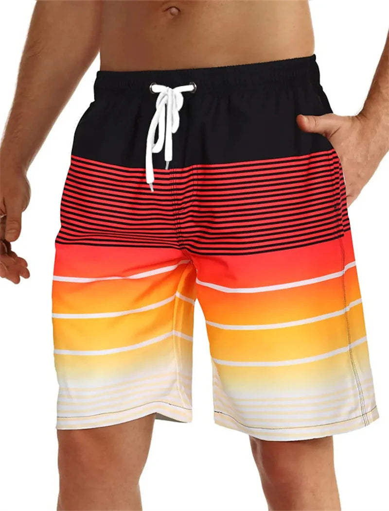Men's Beach Shorts Fun 3D Striped Print Swim Trunks Fashion Summer Loose Casual Pants Boy Girl Unisex Gym Board Shorts