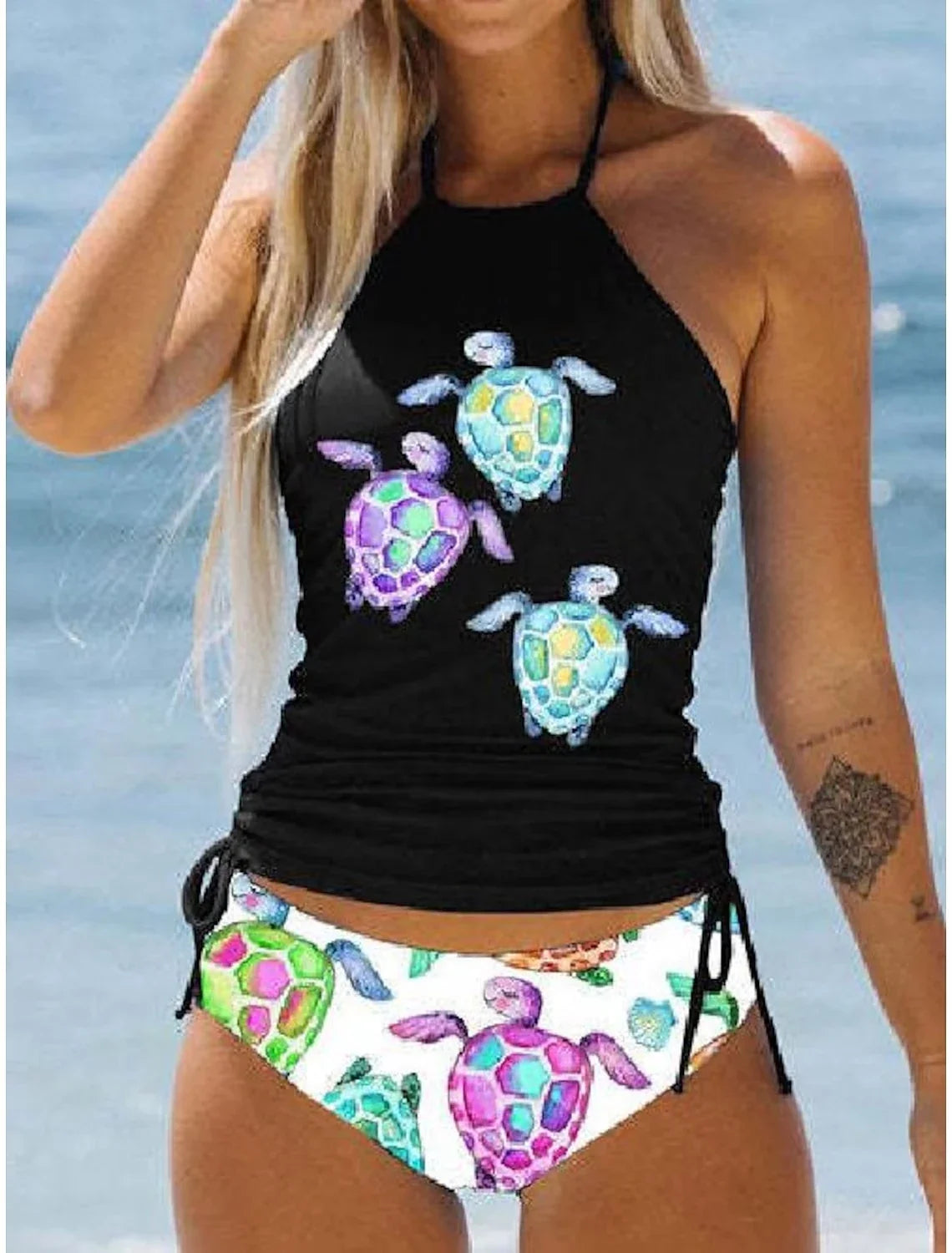Women's Double Strap Swimsuit Comfortable Vacation Beach Tankini Short Dandelion Print Bikini S-6XL