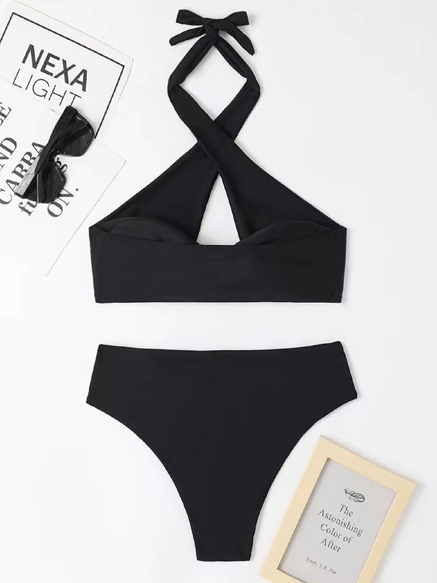 Halter Bikini Solid Metal Link Swimsuit Women Hollow Out Swimwear Female Bathers Bathing Swimming Swim Suit Beachwear