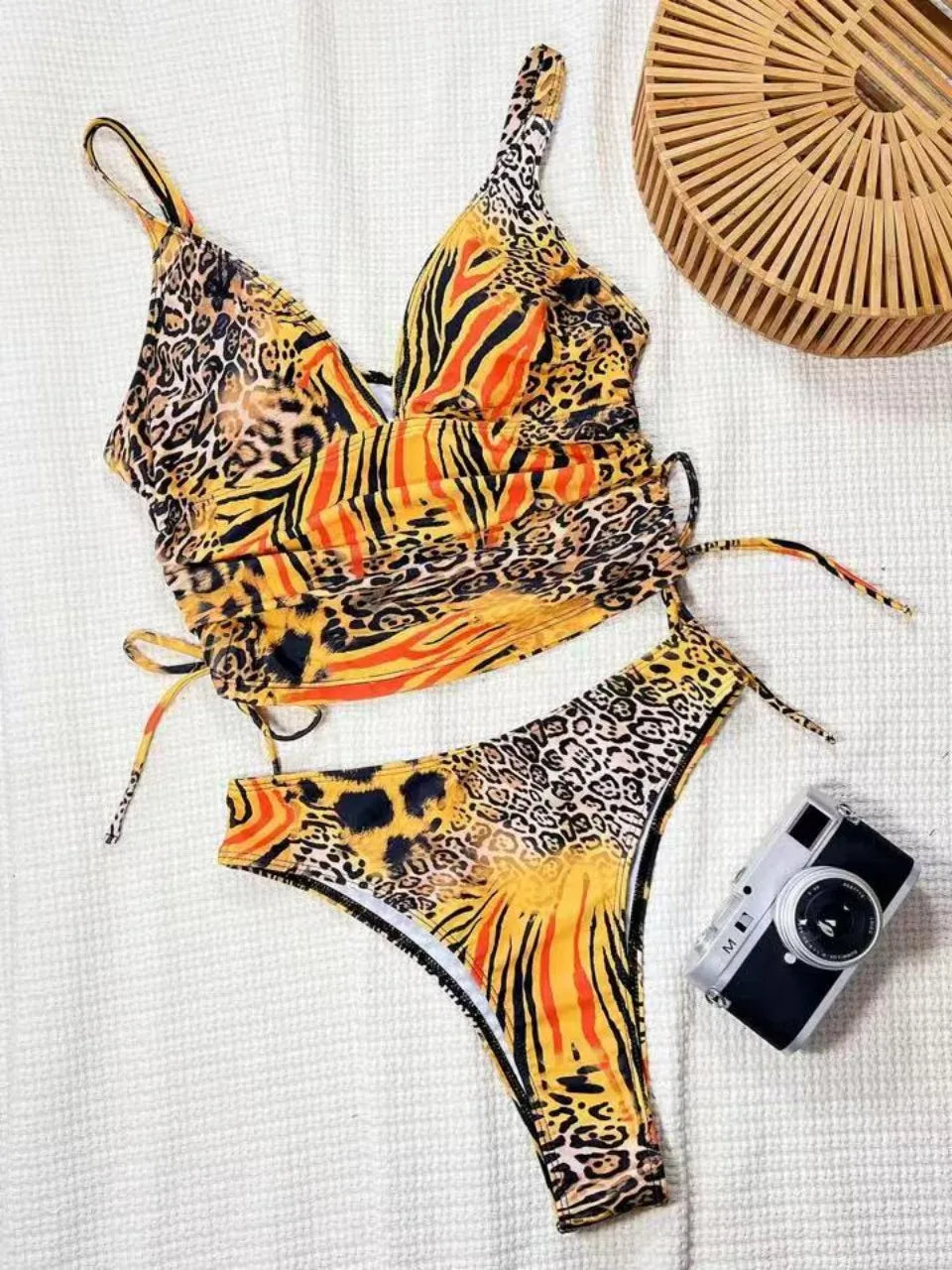 Strappy Drawstring Two Pieces Triangle Swimsuit Women Leopard Plunging Swimwear Female Bathing Swimming Suit Beachwear