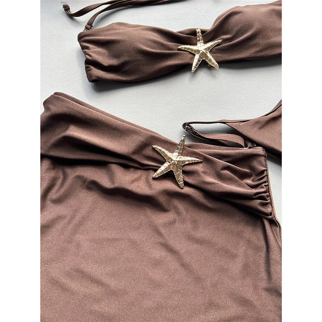 With Skirt Metal Star High Leg Cut Bikini Women Swimwear Female Swimsuit Three-pieces Bikini set Bather Bathing Suit Swim