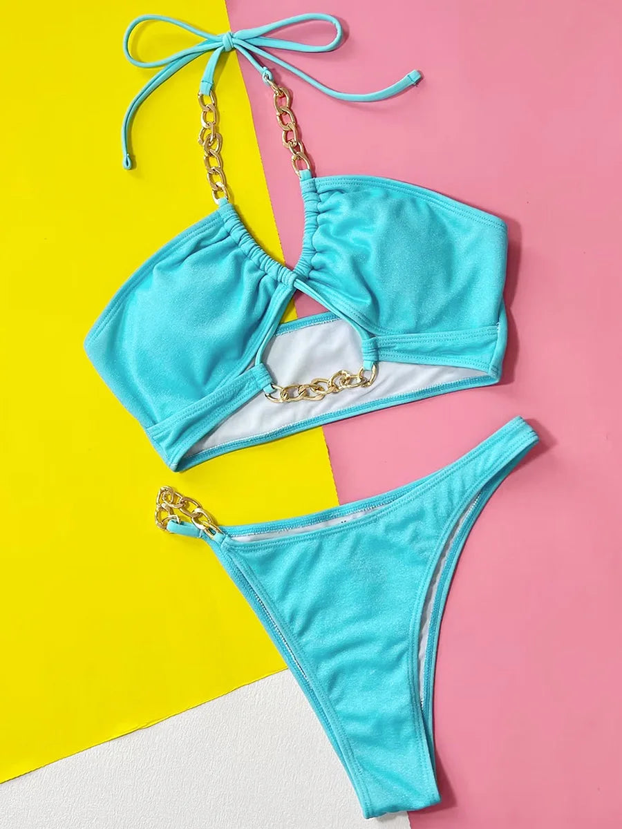 Shiny Halter Brazilian Bikini Female Swimsuit Women Swimwear Two-pieces Bikini set Metal Chains Bather Bathing Suit Swim