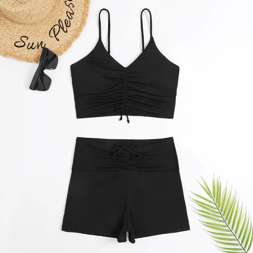 High Waist Bikini Swimsuit Women Floral Print Swim Suits Drawstring Front Shorts Boxers Swimwear Trunks Pool Bathing Suit
