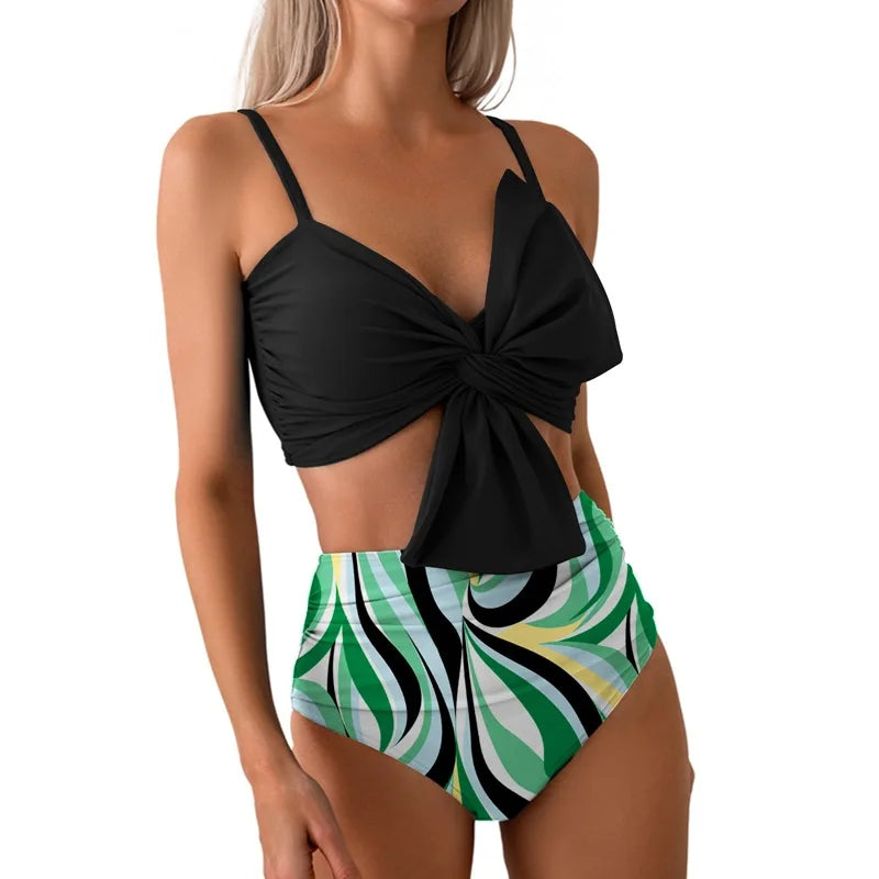 Women Flower Printed Separated Bikini Set Fashion Bow Tie Style High Waist Swimwear Shorts Beach Wear
