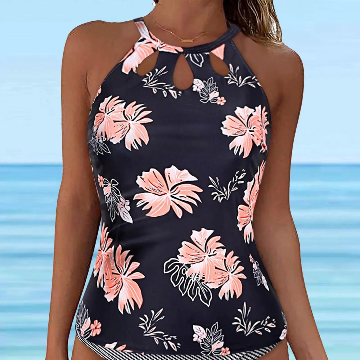 Women Retro Flower Printed Lace Up Swimwear Tankinis Tops Underwire Full Coverage Bikini Top Sleeveless Push Up Bikini