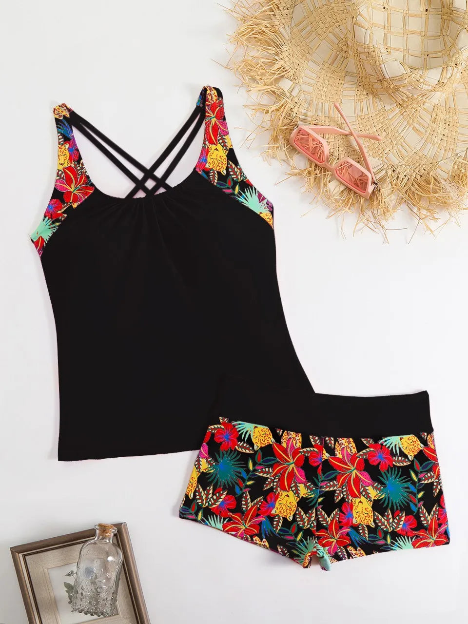 Criss Cross Back Tankini Women Two Pieces High Waist Swimwear Summer Female Printed Bathing Suit Bathers Swimming Beachwear