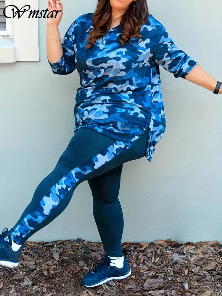 Wmstar Plus Size Women Clothes Camouflage Printed Stretch Long Sleeve Shorts Fashion Casual Two Piece Set