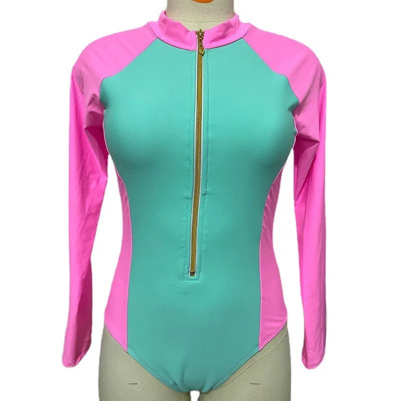 Patchwork One-Piece Swimsuit Long Sleeve Swimwear Sports Backless Women's Swimming Bathing Suit Beach Wear Bather Surfing