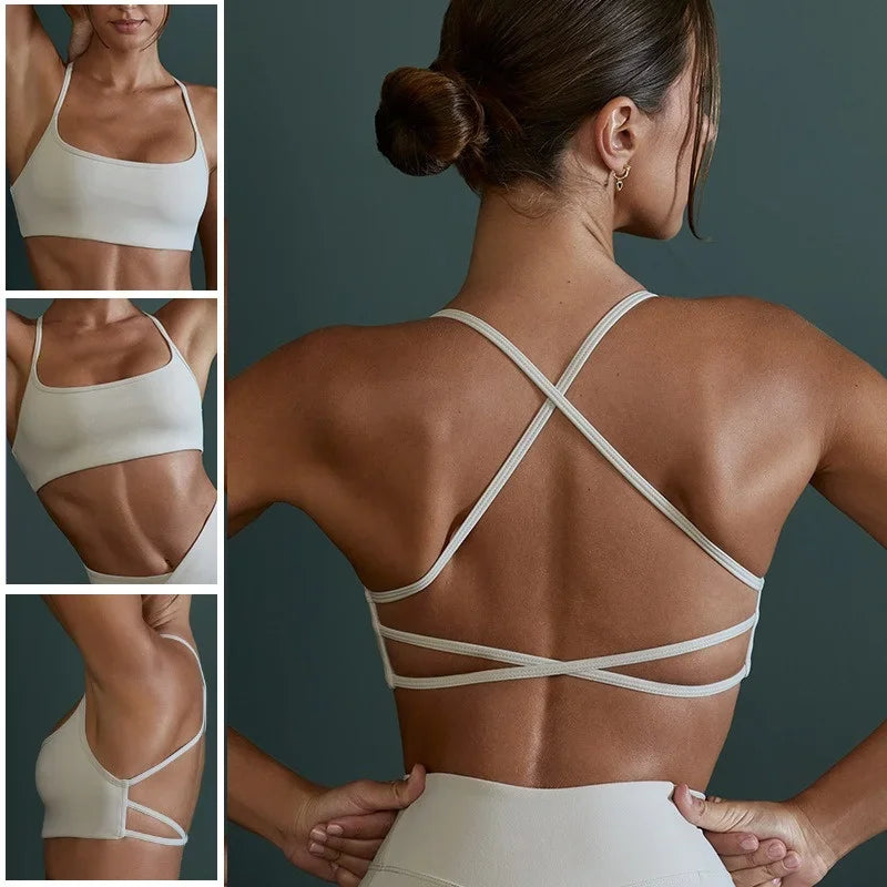 PofyBofy Yoga Bra Criss Cross Workout Crops Pilates Bras Gym Crop Top Running Bras Sexy Back Spaghetti Straps Fitness Bras