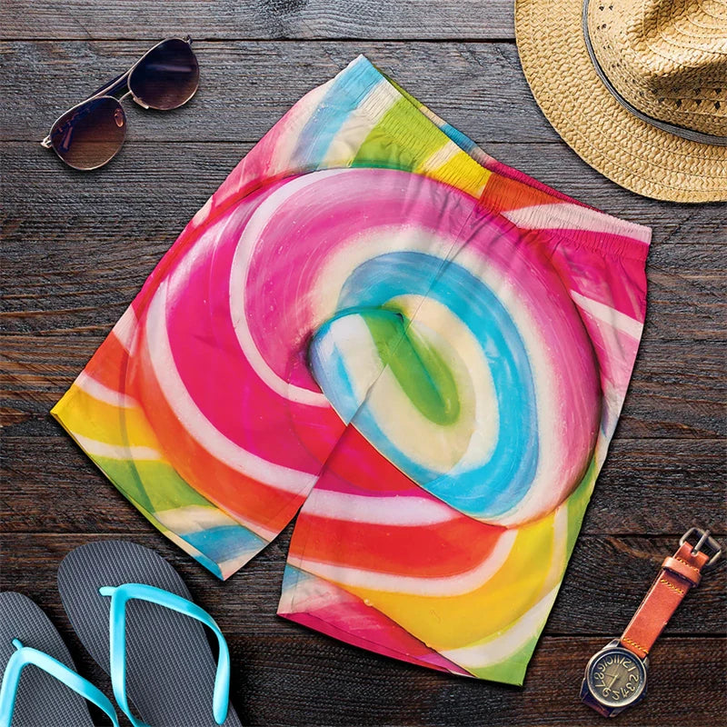 Rainbow Stripes & Marble Swirls Harajuku Short Pants Men 3D Printed Hawaii Swimsuit Trunks Summer Swimming Beach Shorts Breath Sport Gym Ice Shorts