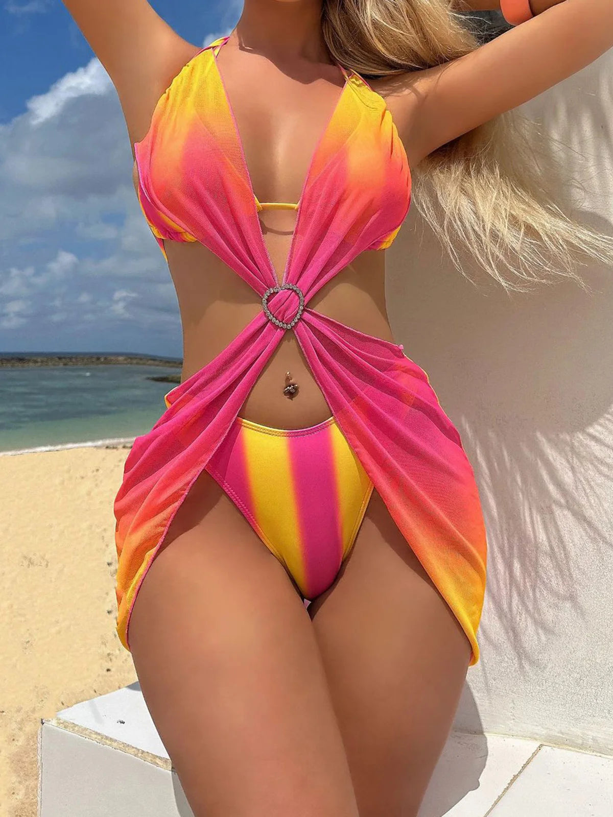With Dress Tie Dye Striped Bikini Female Swimsuit Women Swimwear Three-pieces Bikini set Bather Bathing Suit Swim