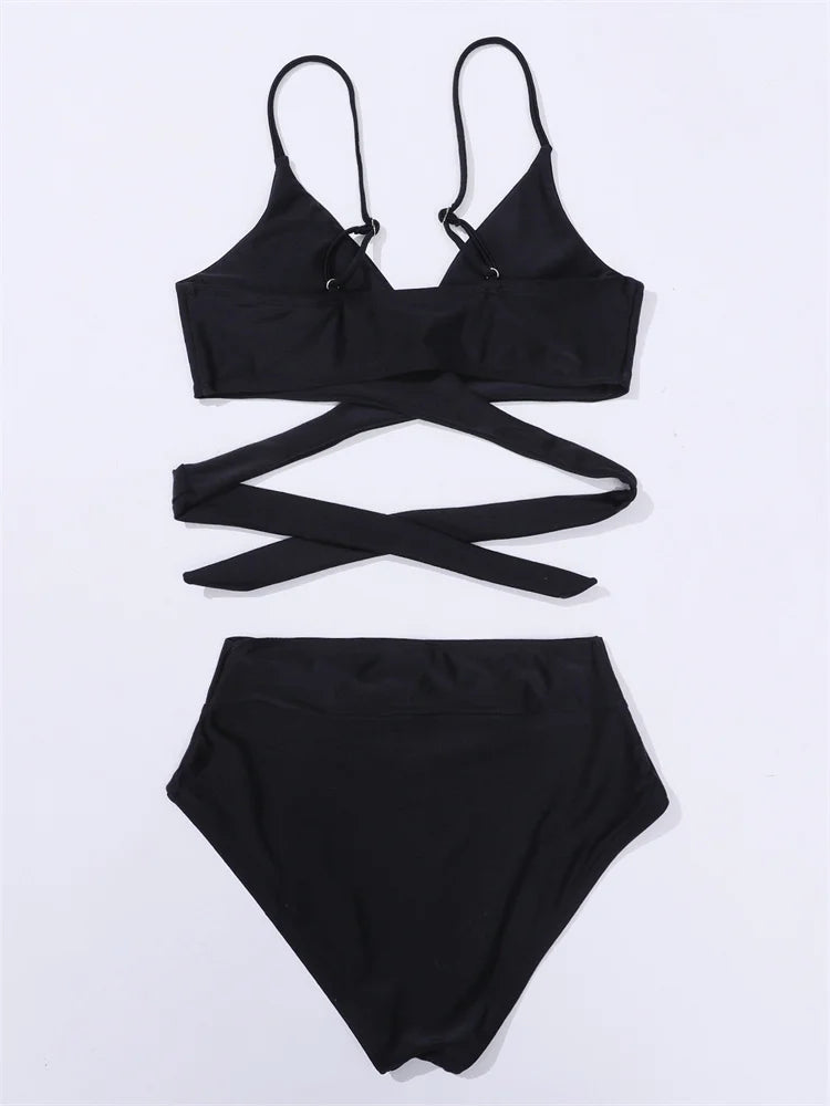Solid Strapped Bikini Set Push UP Hollow Swimsuit Women Swimwear Biquinis High Waist Backless Bathing Suit