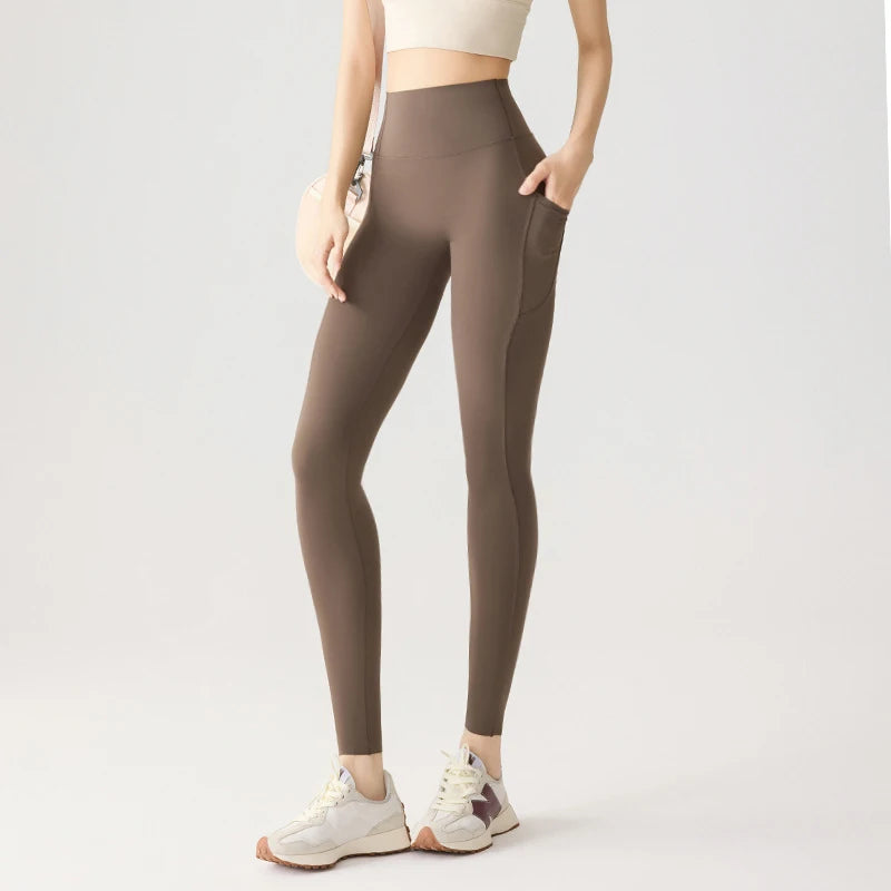 BIVIGAOS Spring Summer Pocket Sharkskin Leggings Women High Waist Tight Butt Lifter Light Feeling Sport Fitness Running Leggings
