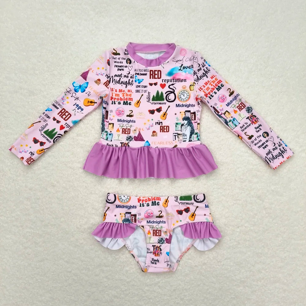Fashion Baby Girls Swimwear Set Rash Guard Long Sleeve Bathers Kids