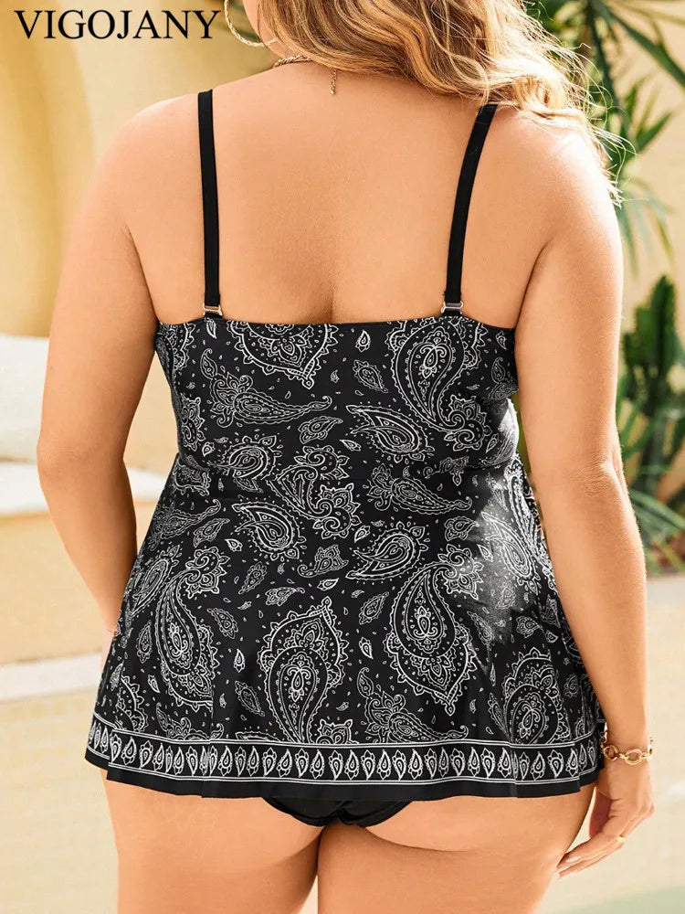 Black Print Strapped Plus Size Swimwear Women Push Up Large One-Piece Swimsuit Backless Summer Beach Bathing Suit