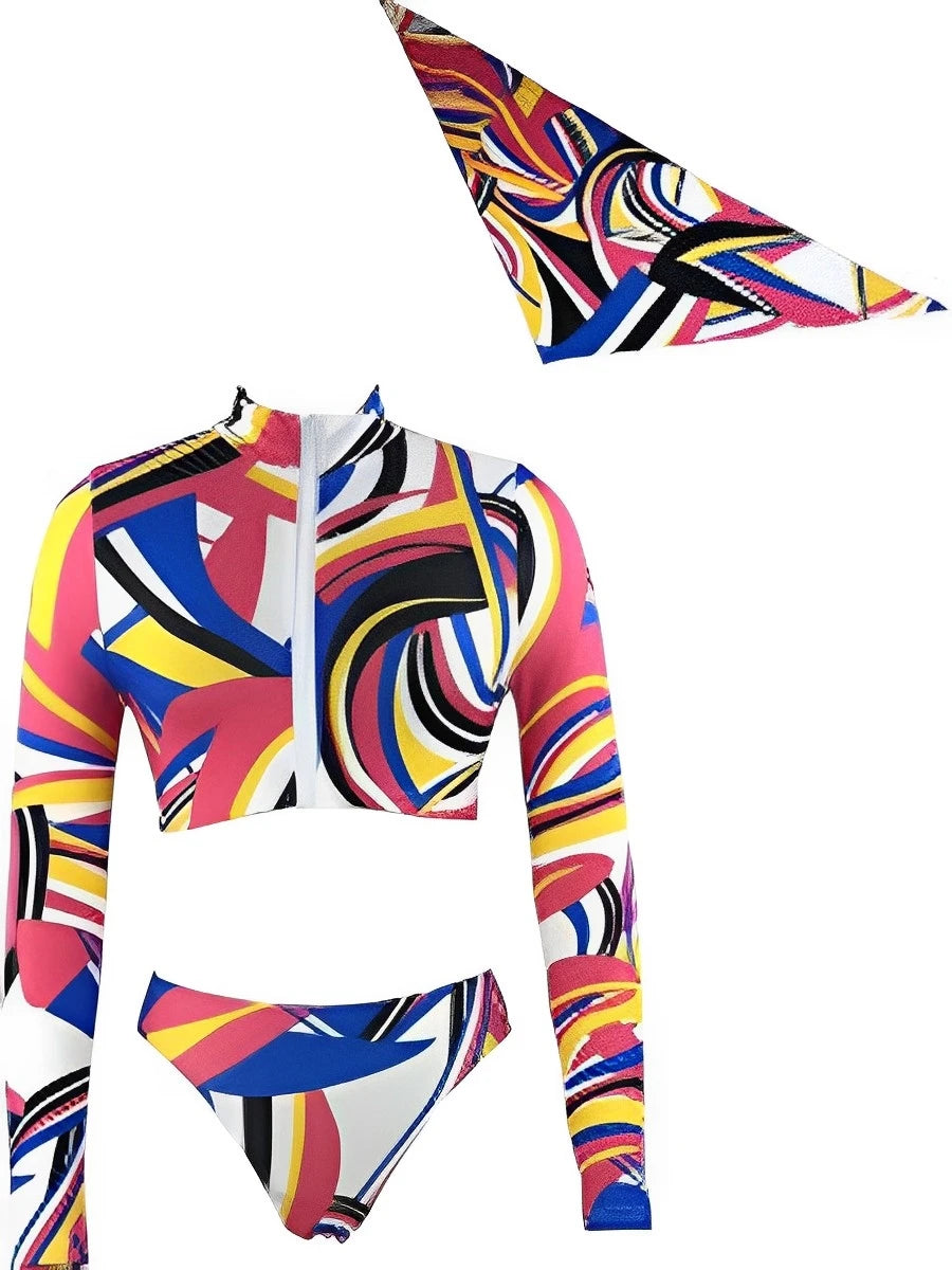 Surf Swimsuit Long Sleeve Printed Swimwear Women Zipper Two Piece Rashguard Diving Clothes Bathing Swimming Suit