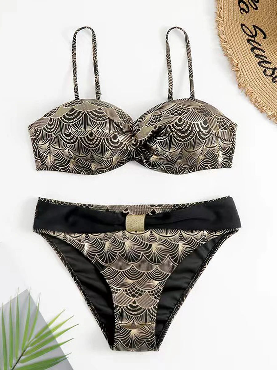 Metallic Stitch Strap Bikini Women Push Up Gold print Swimsuit Female High Waist Swimwear Bathers Bathing Suit Beachwear