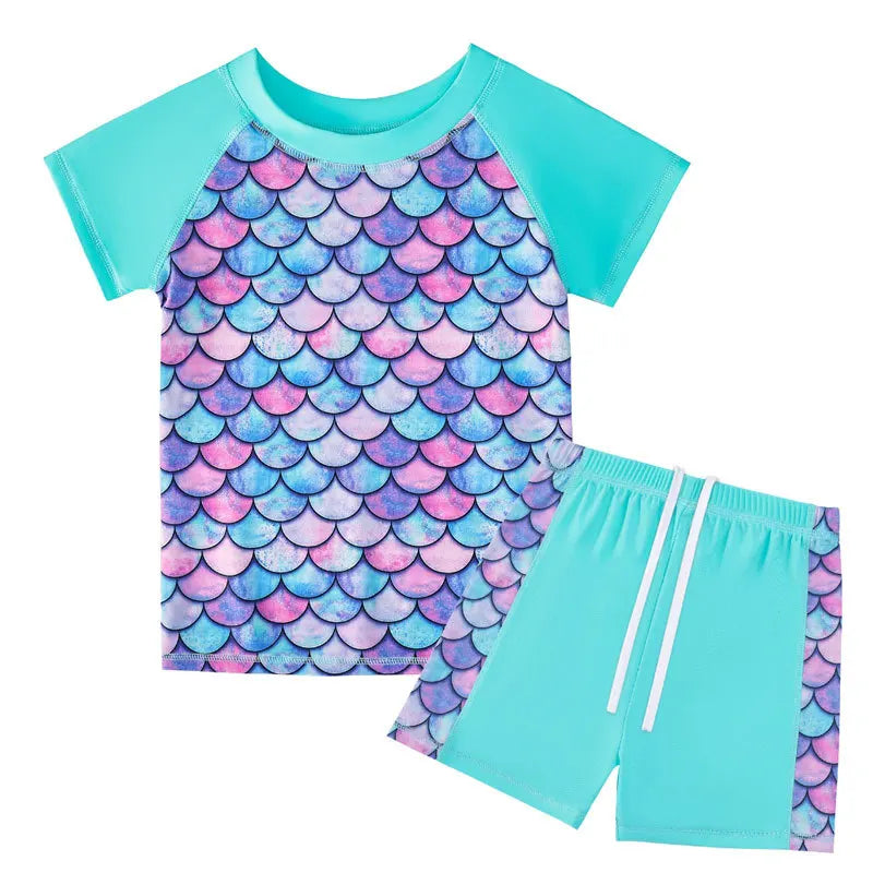 Children Fish Scale 3D Printing Split Bathing Suit Mermaid Swimsuits 4-12Years Kids Short Sleeves T-shirt+ Shorts Two-piece Suit