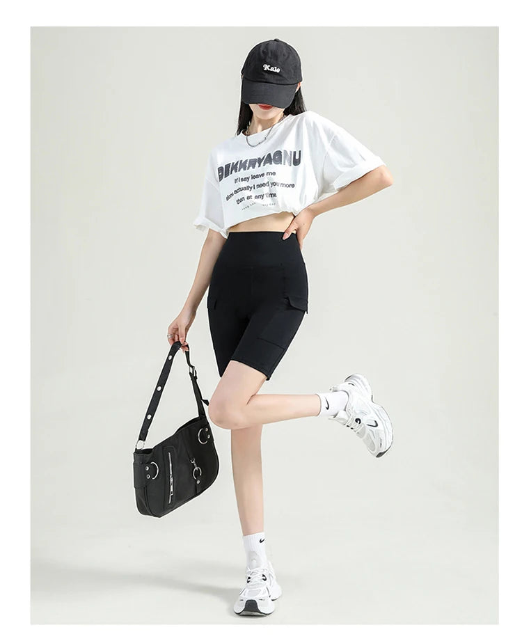 BIVIGAOS Summer New Cargo Pocket Shark Shorts Women's Sport Fitness Cycling Shorts High Waist Running Tight Biker Short Leggings