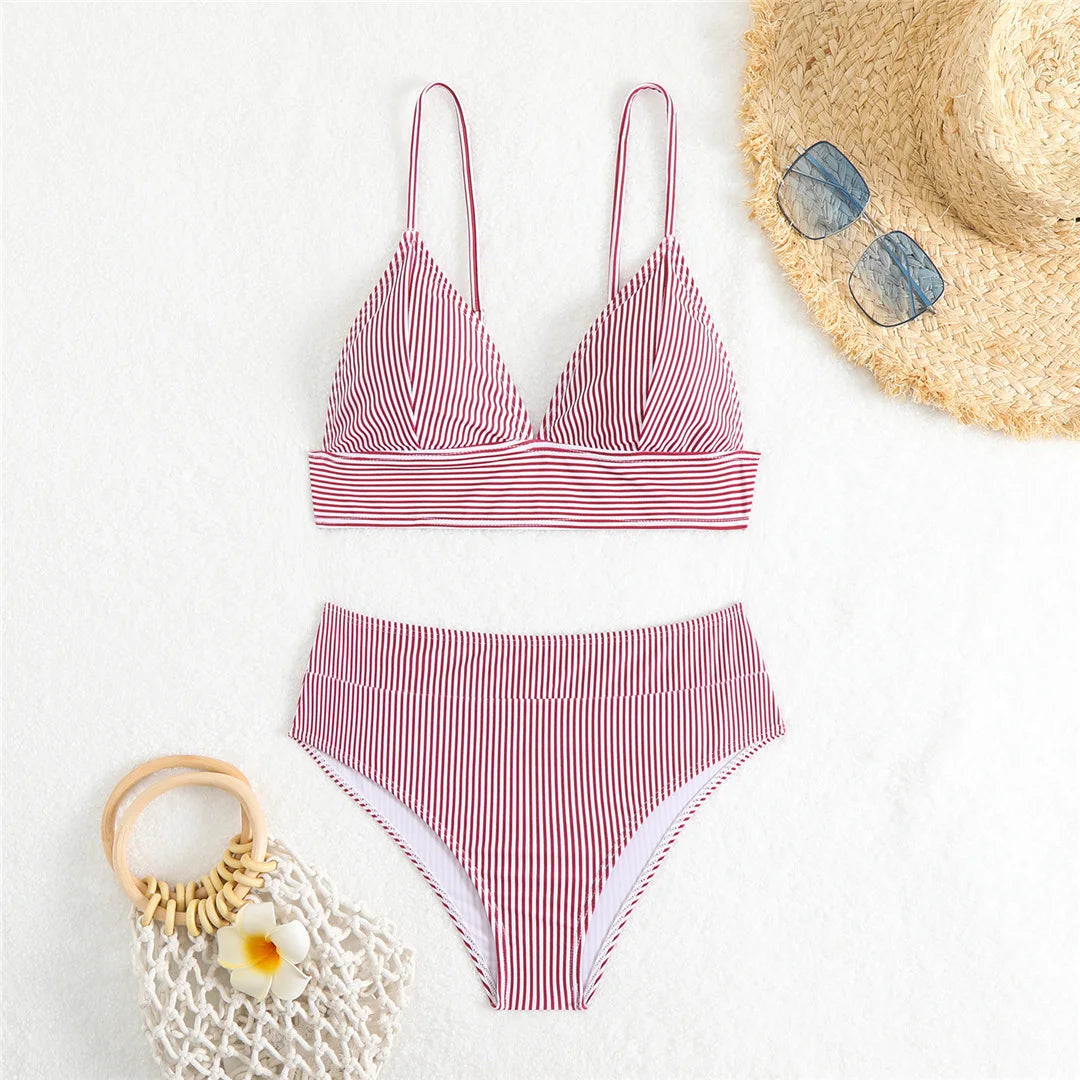 4 Colors V Neck Striped Female Swimsuit High Waist Bikini Women Swimwear Two-pieces Bikini set Bather Bathing Suit Swim