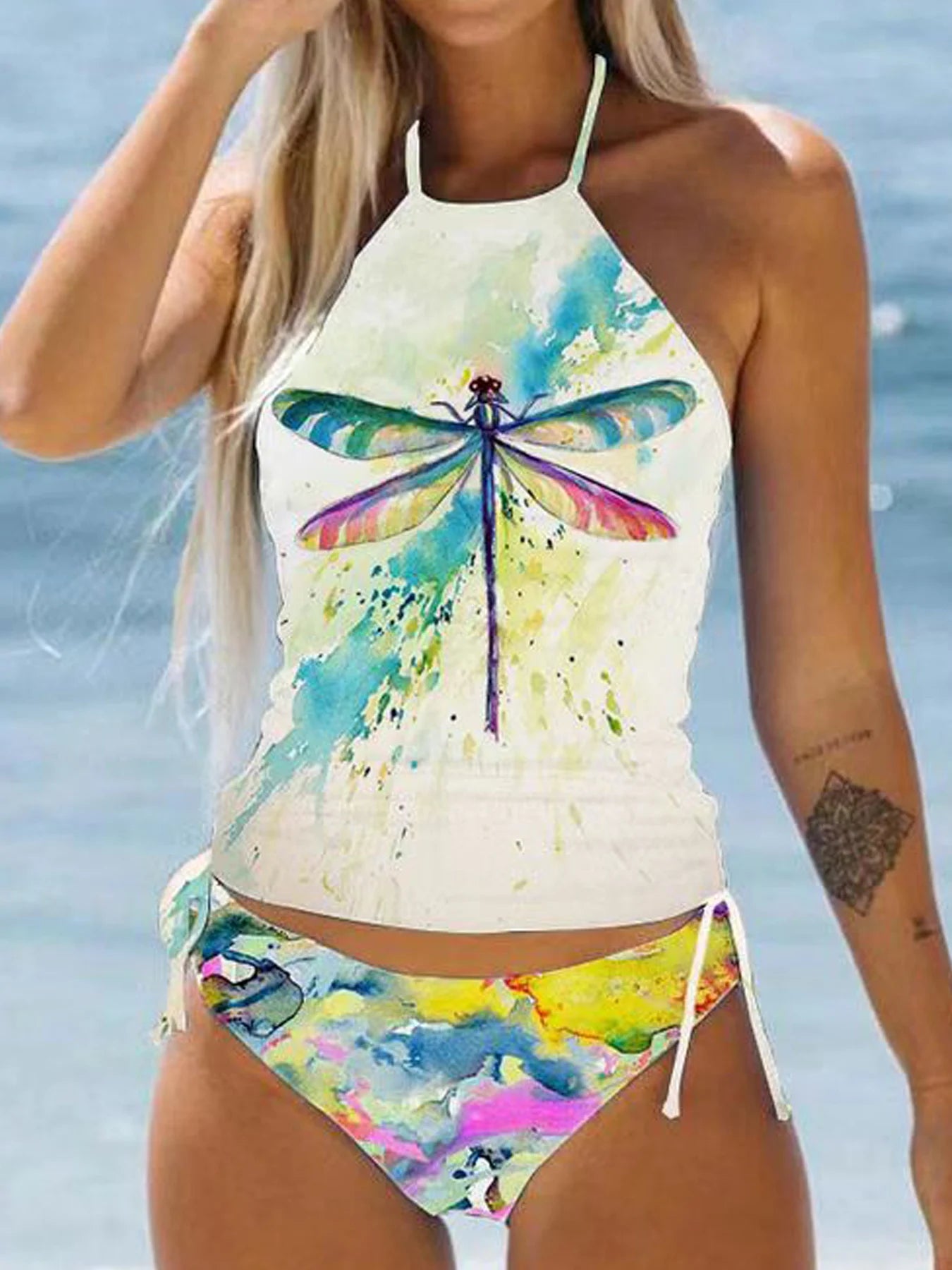 Print Push Up Tankini Low Waist Halter Tied Women For Swimsuit 2 Piece Backless Beach Swimwear Bathing Suit