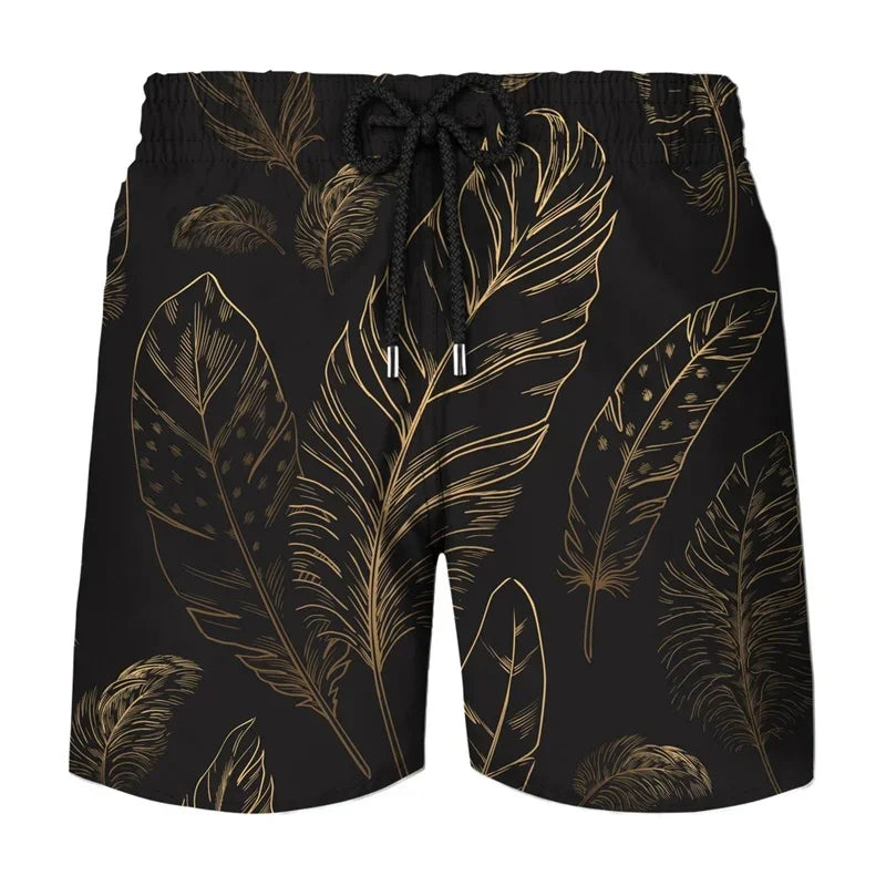 Flower Leaf Graphic Swim Trunks For Men Ethnic Feathers 3D Printed Short Pants Summer Loose Harajuku Sport Street Board Shorts