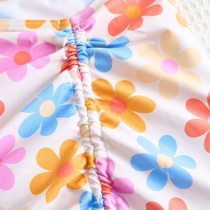 3 Pieces Floral Bikini Girls Swimsuit High Waist Kids Swimwear & Beach Skirt Pink Children Swimming Bathing Swim Suit