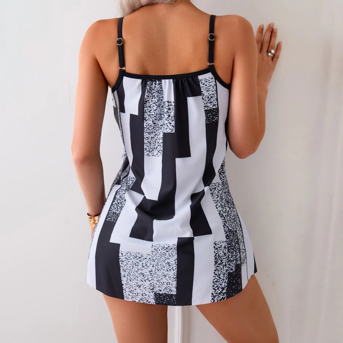 Women's Fashion Tankini Swimwear Color Block Spaghetti Strap Bathing Suits Two Piece Cover Tummy Conservative Tops and Shorts