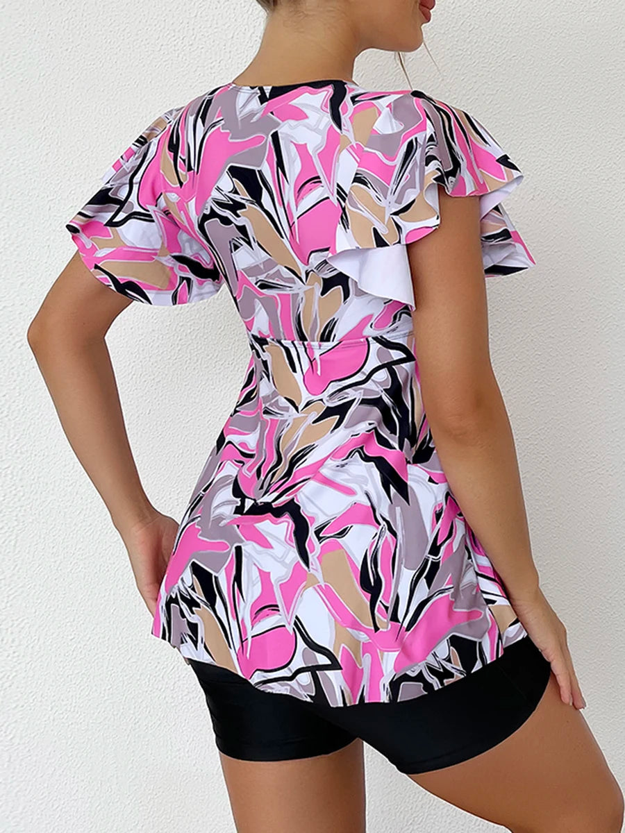 Printed Tankini Set Two Piece Swimsuit Women Tie Front Drawstring Swimwear Female Bathing Swimming Suit Beachwear Summer