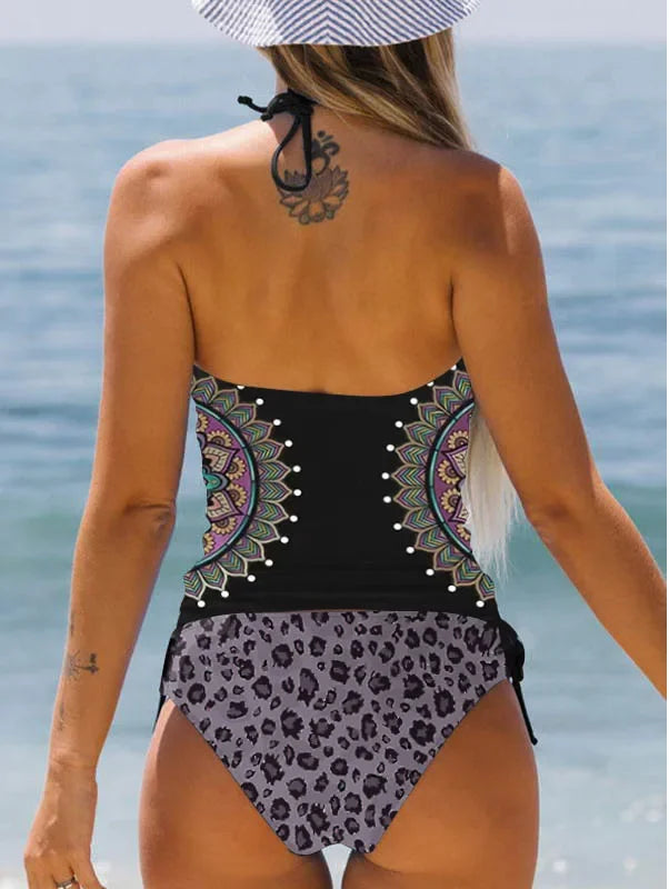 Women's Double Strap Swimsuit Comfortable Vacation Beach Tankini Short Dandelion Print Bikini S-6XL